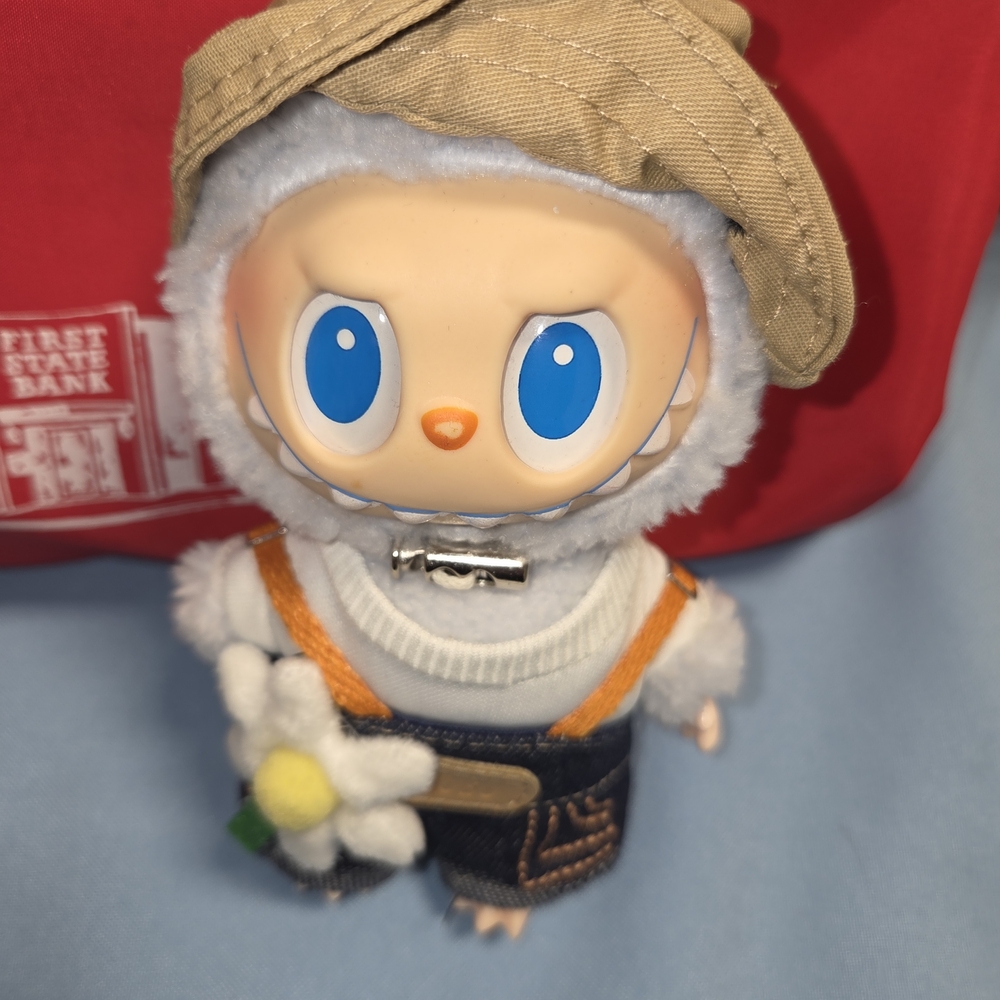 Cute Plush Doll with Blue Eyes and Flower Labubu With Clothing